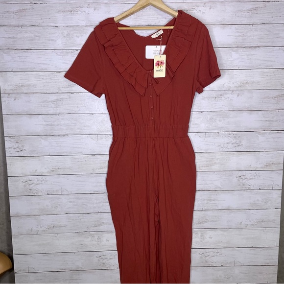 Entro Ruffle V Neck Jogger Jumpsuit Rust Red - Picture 2 of 4